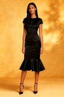 Load image into Gallery viewer, Black Satin Mermaid Round Neck Midi Cocktail Dress with Ruffles