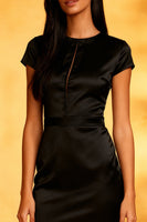 Load image into Gallery viewer, Black Satin Mermaid Round Neck Midi Cocktail Dress with Ruffles