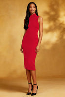 Load image into Gallery viewer, Ink Blue Bodycon High Neck Midi Cocktail Dress