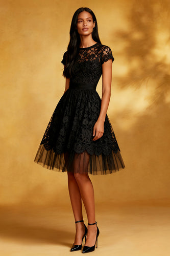 Black Lace A Line Backless Short Sleeves Midi Cocktail Dress