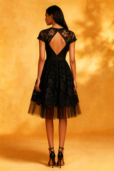 Black Lace A Line Backless Short Sleeves Midi Cocktail Dress