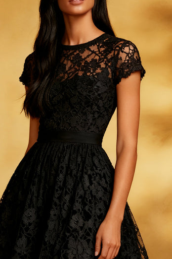 Black Lace A Line Backless Short Sleeves Midi Cocktail Dress