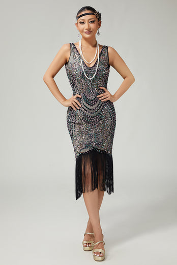 Sparkly Black Apricot Fringed Bodycon 1920s Flapper Dress with Beading
