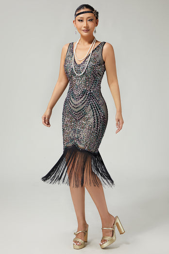 Sparkly Black Apricot Fringed Bodycon 1920s Flapper Dress with Beading