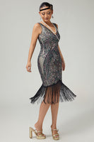 Load image into Gallery viewer, Sparkly Black Apricot Fringed Bodycon 1920s Flapper Dress with Beading