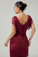 Load image into Gallery viewer, Sparkly Burgundy Fringed Bodycon 1920s Flapper Dress with Sequins