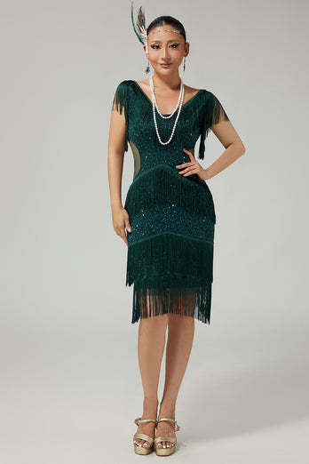 Sparkly Dark Green Bodycon Sequins 1920s Flapper Dress with Fringes