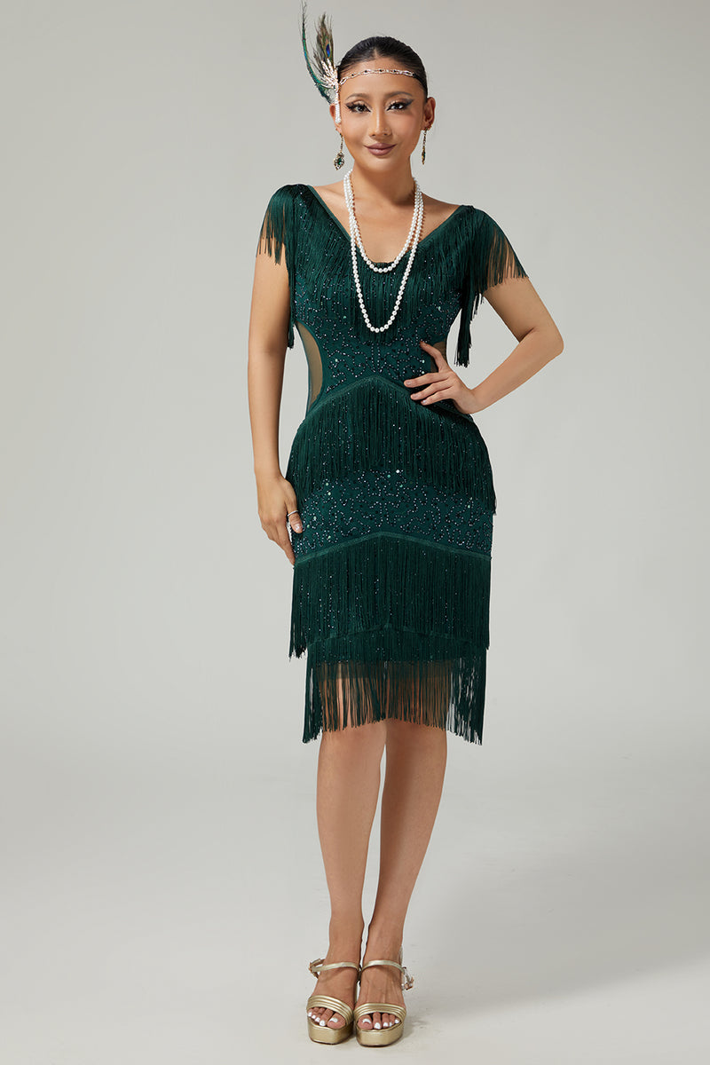 Load image into Gallery viewer, Sparkly Dark Green Bodycon Sequins 1920s Flapper Dress with Fringes