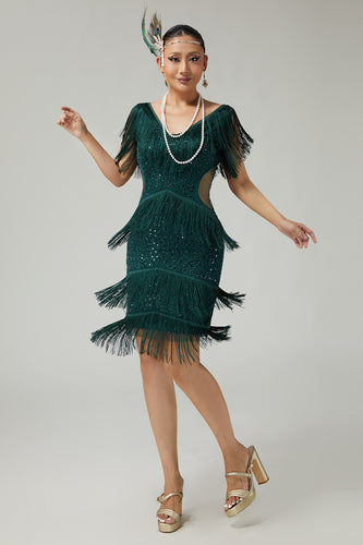 Sparkly Dark Green Bodycon Sequins 1920s Flapper Dress with Fringes