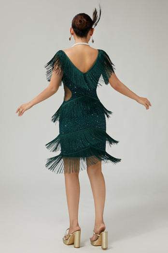 Sparkly Dark Green Bodycon Sequins 1920s Flapper Dress with Fringes
