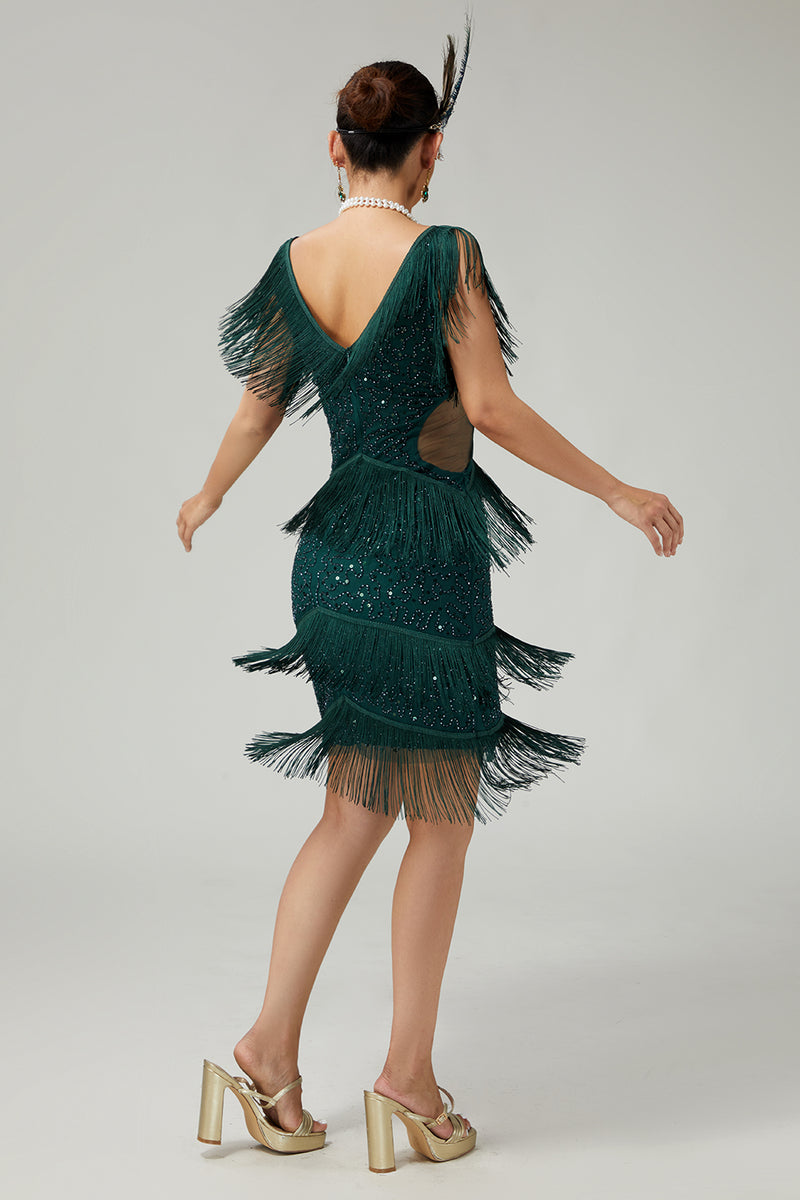 Load image into Gallery viewer, Sparkly Dark Green Bodycon Sequins 1920s Flapper Dress with Fringes