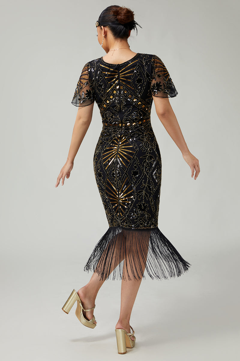Load image into Gallery viewer, Sparkly Black Golden Bodycon Beaded Sequins Flapper Dress with Fringes