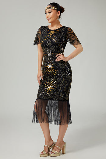 Sparkly Black Golden Bodycon Beaded Sequins Flapper Dress with Fringes