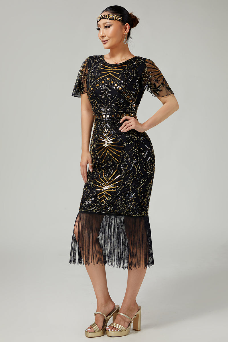 Load image into Gallery viewer, Sparkly Black Golden Bodycon Beaded Sequins Flapper Dress with Fringes