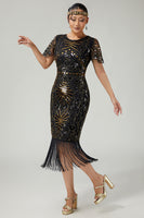 Load image into Gallery viewer, Sparkly Black Blue Beaded Sequins Flapper Dress with Fringes