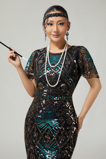 Sparkly Black Blue Beaded Sequins Flapper Dress with Fringes
