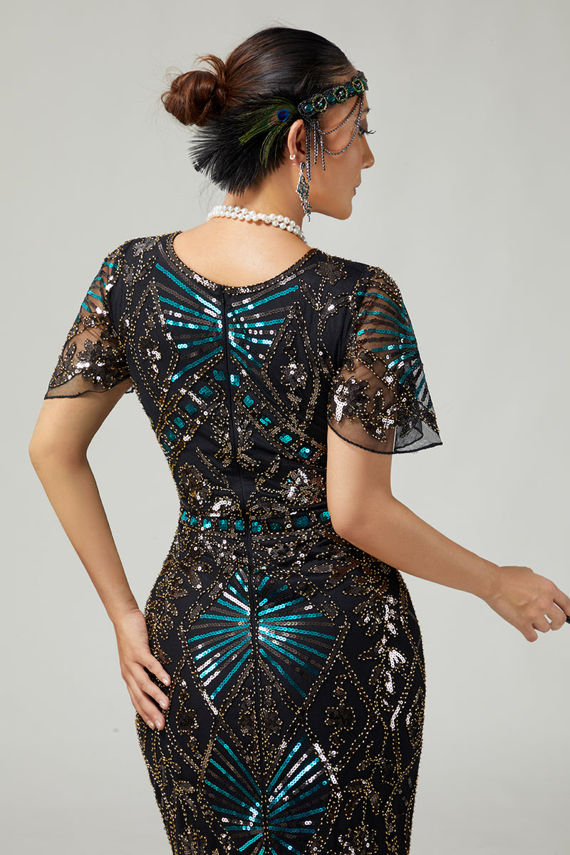 Load image into Gallery viewer, Sparkly Black Blue Beaded Sequins Flapper Dress with Fringes