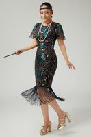 Load image into Gallery viewer, Sparkly Black Blue Beaded Sequins Flapper Dress with Fringes
