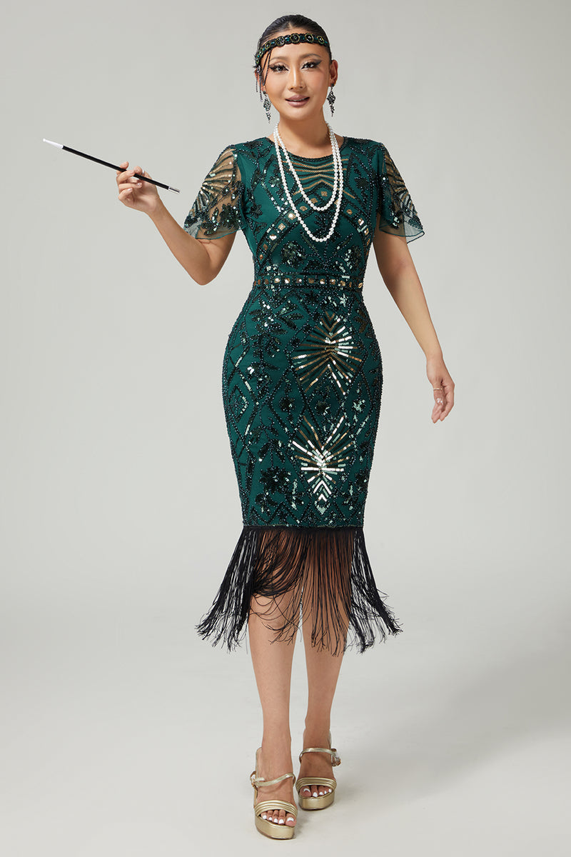 Load image into Gallery viewer, Sparkly Black Blue Beaded Sequins Flapper Dress with Fringes