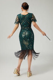 Sparkly Dark Green Sequins Beaded Flapper Dress with Fringes