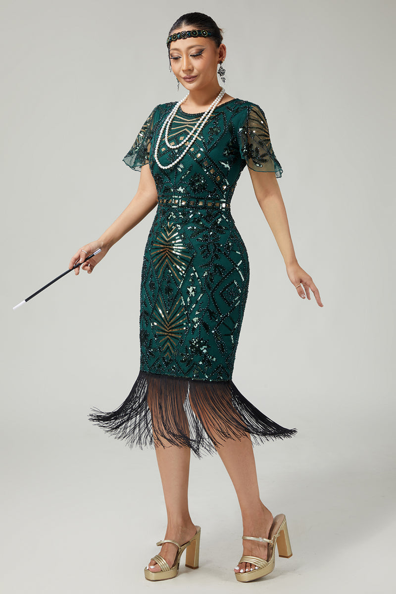Load image into Gallery viewer, Sparkly Black Blue Beaded Sequins Flapper Dress with Fringes