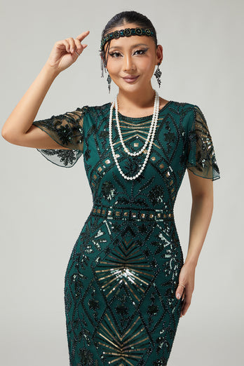 Sparkly Black Blue Beaded Sequins Flapper Dress with Fringes