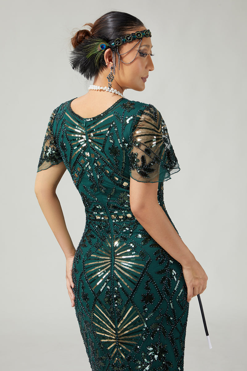 Load image into Gallery viewer, Sparkly Black Blue Beaded Sequins Flapper Dress with Fringes
