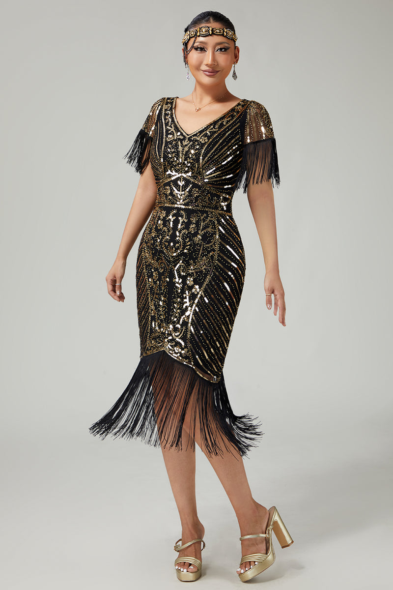 Load image into Gallery viewer, Sparkly Black Golden V-Neck Sequins Flapper Dress with Fringes