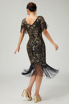 Sparkly Black Golden V-Neck Sequins Flapper Dress with Fringes