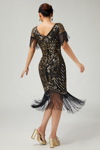 Sparkly Black Golden V-Neck Sequins Flapper Dress with Fringes