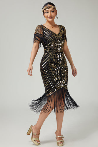 Sparkly Black Golden V-Neck Sequins Flapper Dress with Fringes