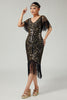 Load image into Gallery viewer, Sparkly Black Golden V-Neck Sequins Flapper Dress with Fringes