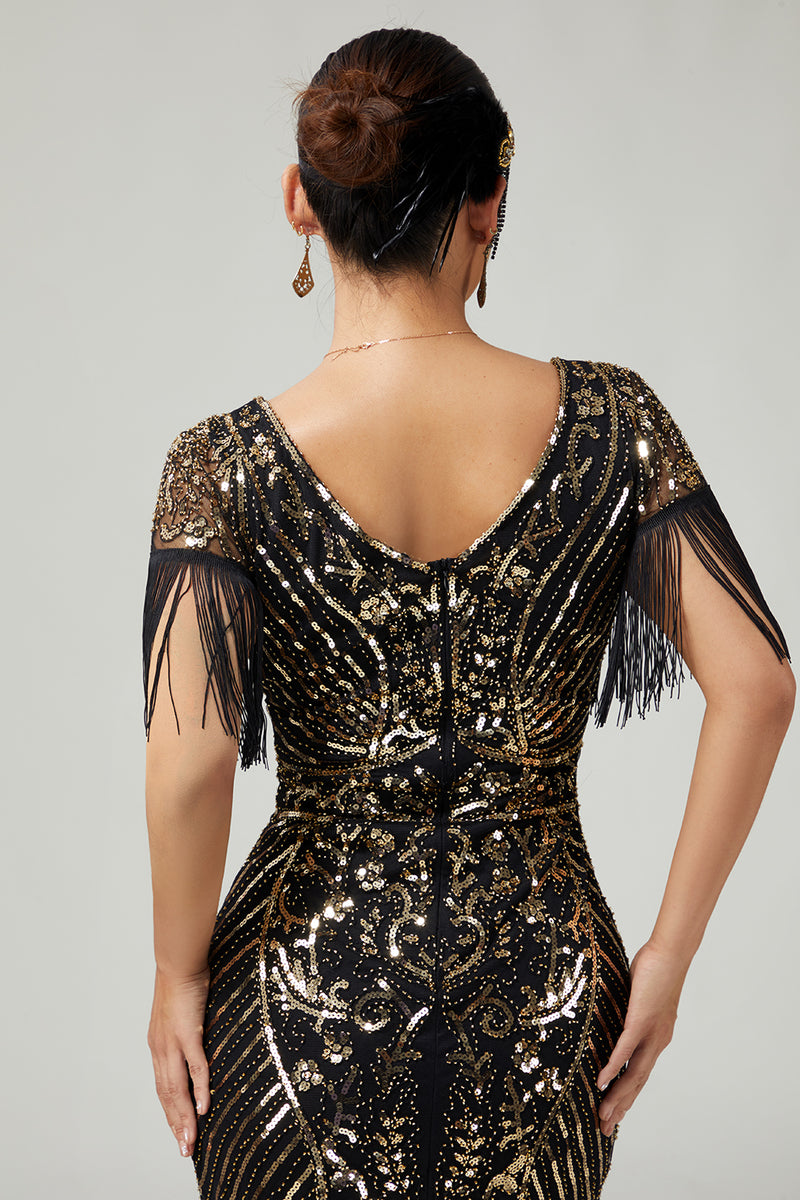 Load image into Gallery viewer, Sparkly Black Golden V-Neck Sequins Flapper Dress with Fringes