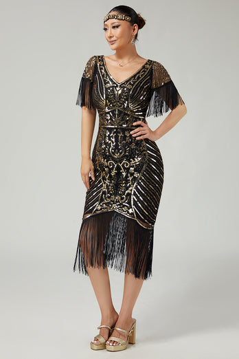 Sparkly Black Golden V-Neck Sequins Flapper Dress with Fringes