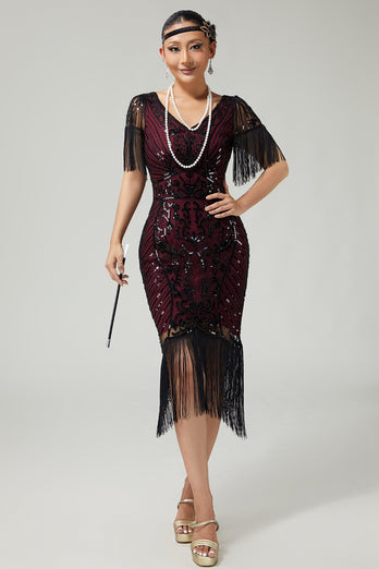 Sparkly Dark Green Sequins V-Neck Flapper Dress with Fringes
