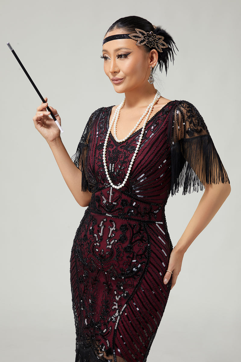 Load image into Gallery viewer, Sparkly Dark Green Sequins V-Neck Flapper Dress with Fringes