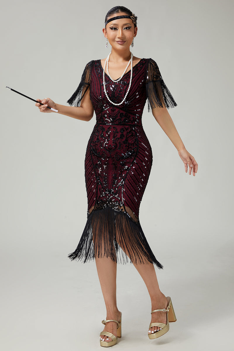 Load image into Gallery viewer, Sparkly Dark Green Sequins V-Neck Flapper Dress with Fringes