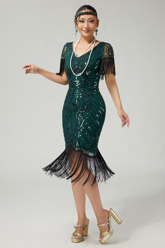 Sparkly Dark Green Sequins V-Neck Flapper Dress with Fringes
