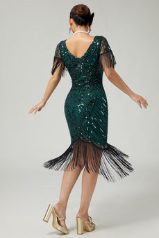 Sparkly Dark Green Sequins V-Neck Flapper Dress with Fringes