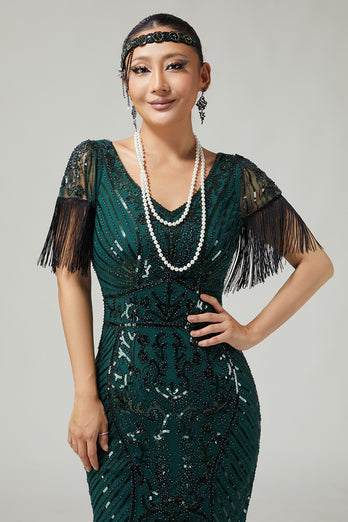Sparkly Dark Green Sequins V-Neck Flapper Dress with Fringes