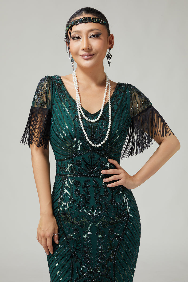 Load image into Gallery viewer, Sparkly Dark Green Sequins V-Neck Flapper Dress with Fringes