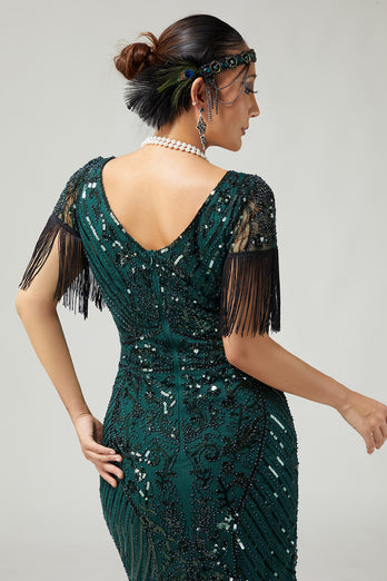 Sparkly Dark Green Sequins V-Neck Flapper Dress with Fringes