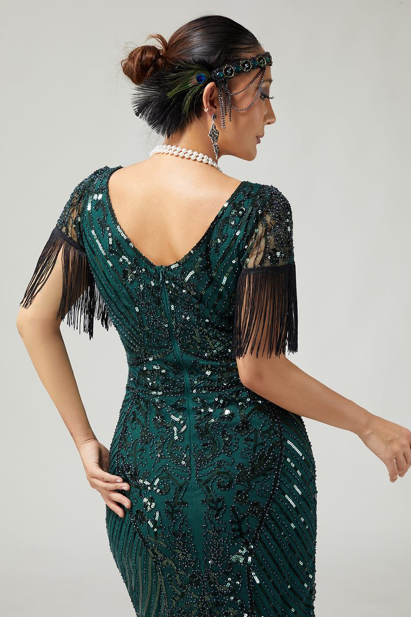 Load image into Gallery viewer, Sparkly Dark Green Sequins V-Neck Flapper Dress with Fringes