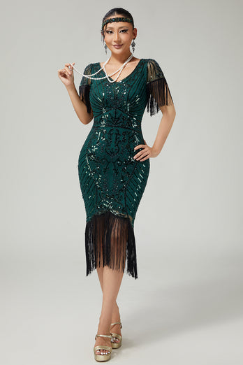 Sparkly Dark Green Sequins V-Neck Flapper Dress with Fringes