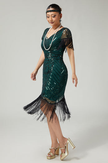 Sparkly Dark Green Sequins V-Neck Flapper Dress with Fringes