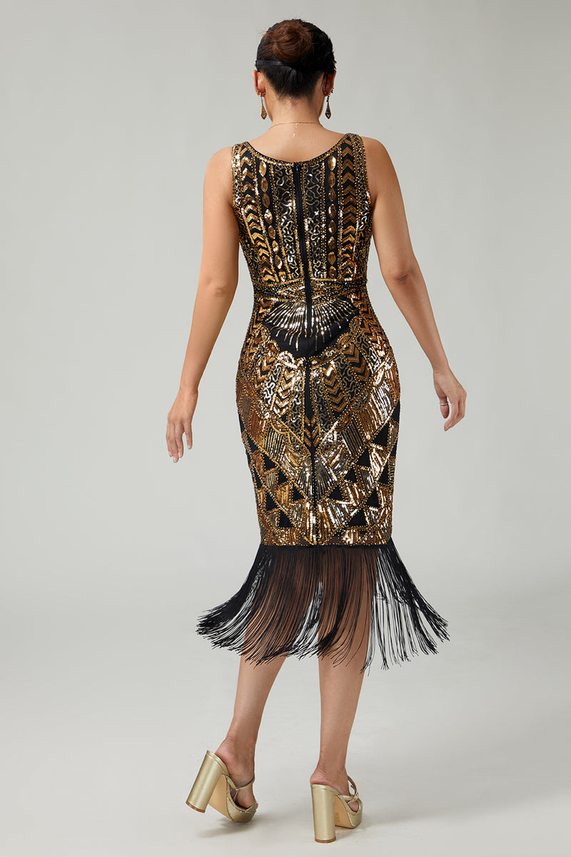 Load image into Gallery viewer, Sparkly Black Golden V-Neck Sequins Fringed 1920s Flapper Dress