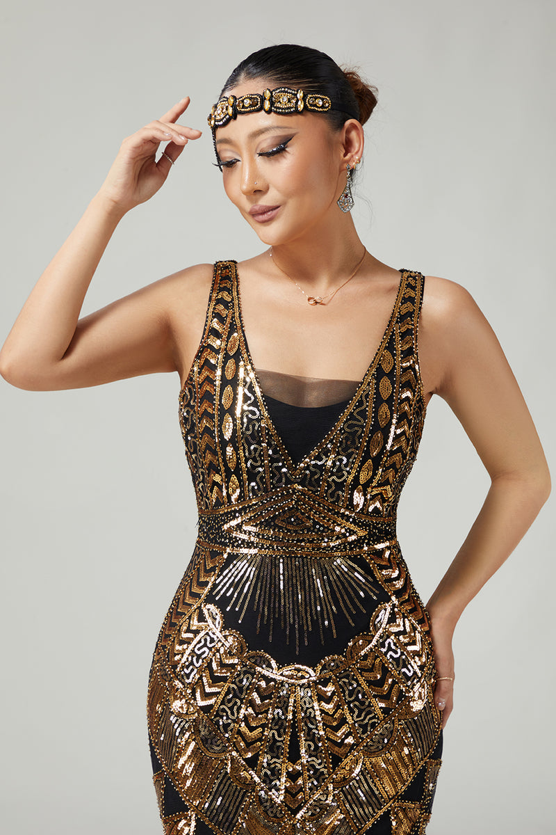 Load image into Gallery viewer, Sparkly Black Golden V-Neck Sequins Fringed 1920s Flapper Dress