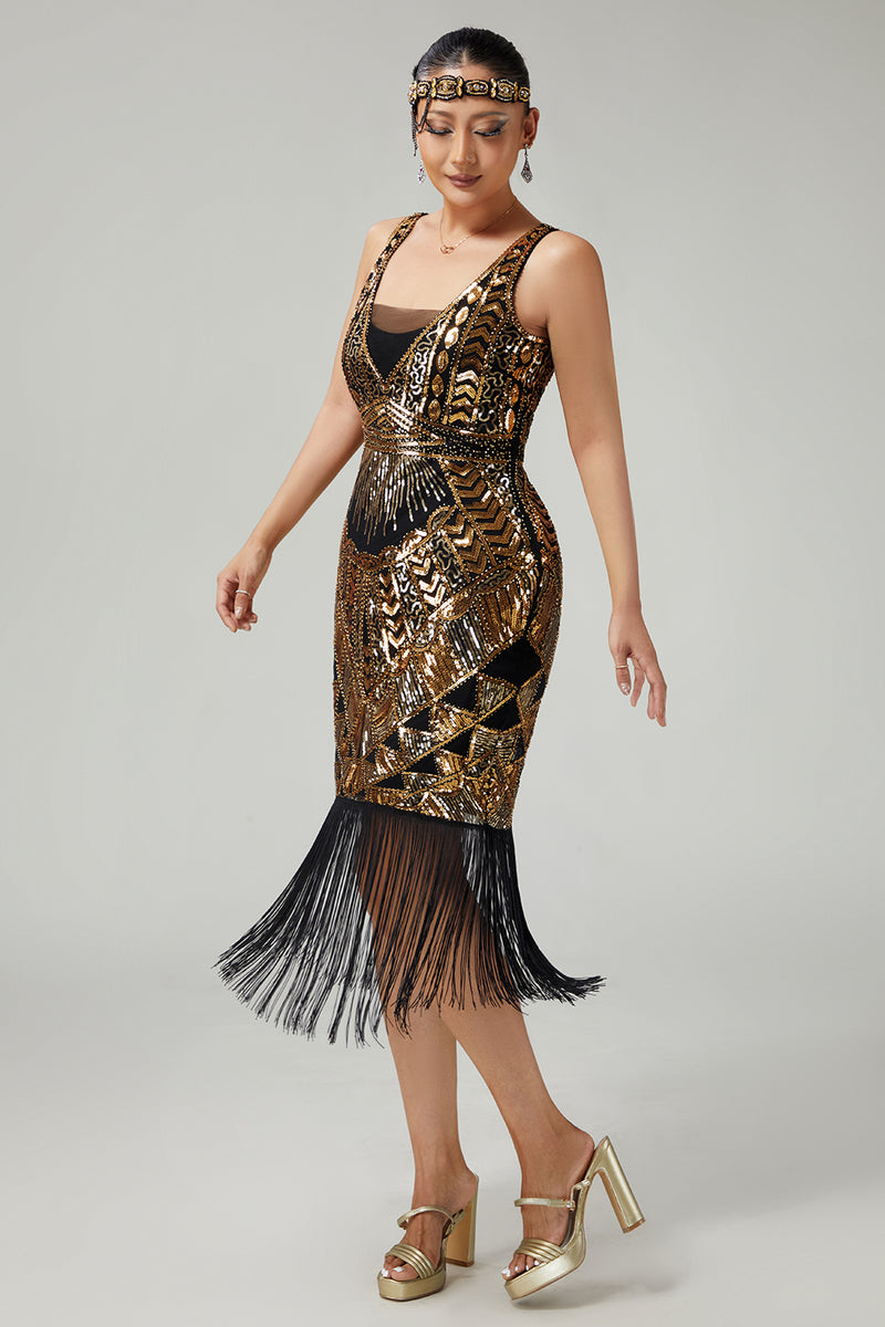 Load image into Gallery viewer, Sparkly Black Golden V-Neck Sequins Fringed 1920s Flapper Dress