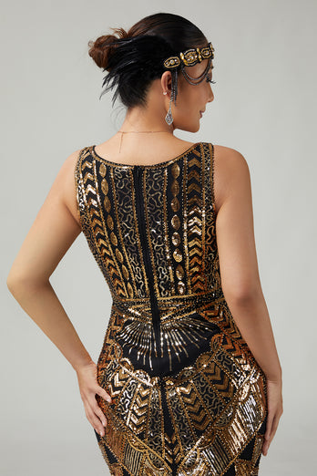 Sparkly Black Golden V-Neck Sequins Fringed 1920s Flapper Dress