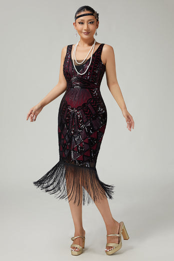 Sparkly Black Burgundy Sequins V-Neck Fringed 1920s Flapper Dress